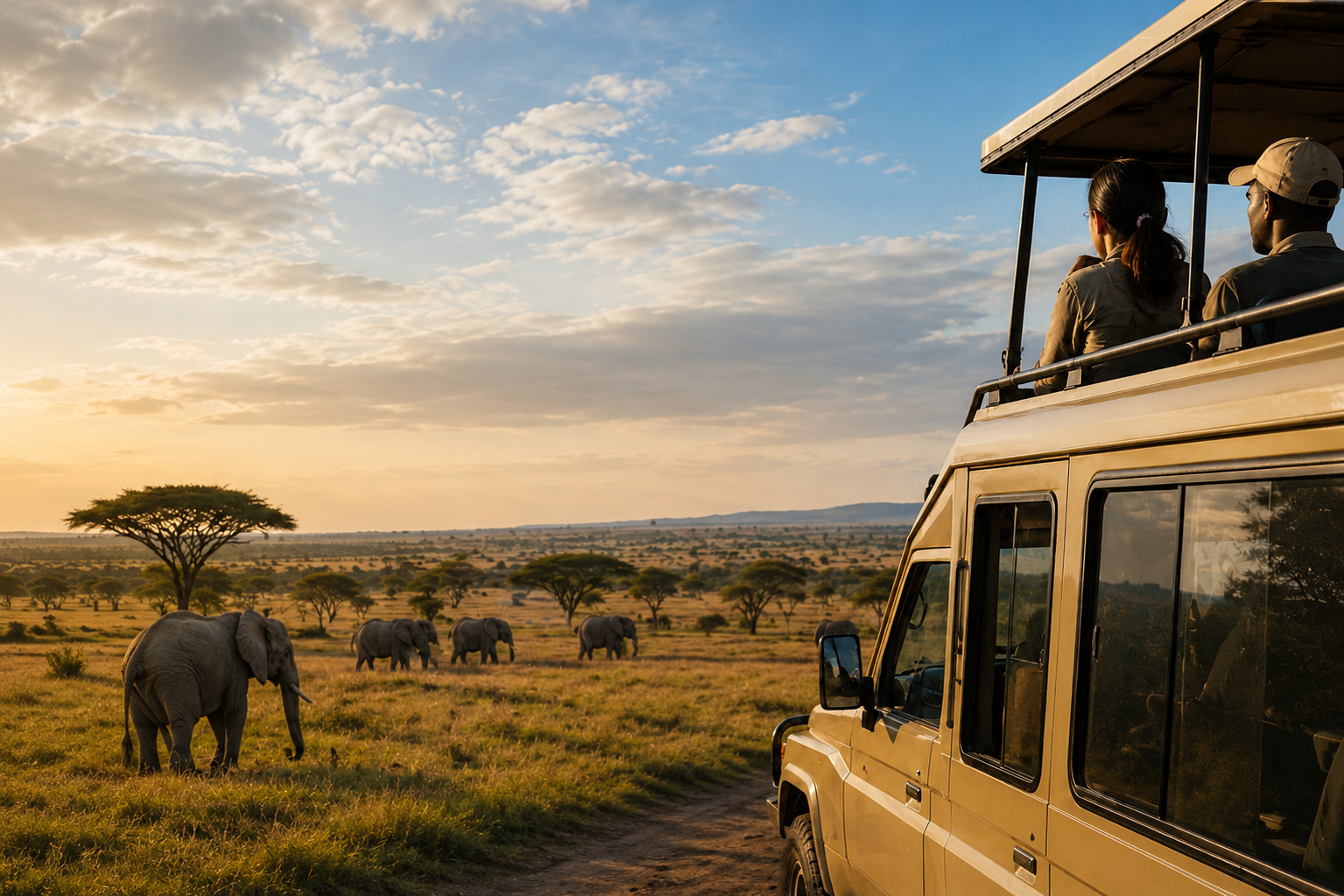 Safari vehicle in the Masai Mara at sunset